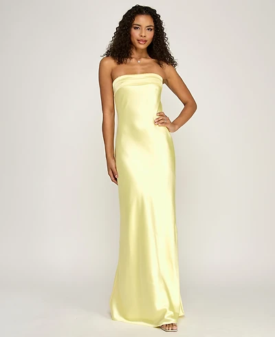 Emerald Sundae Juniors' Strapless Drape-Back Satin Gown