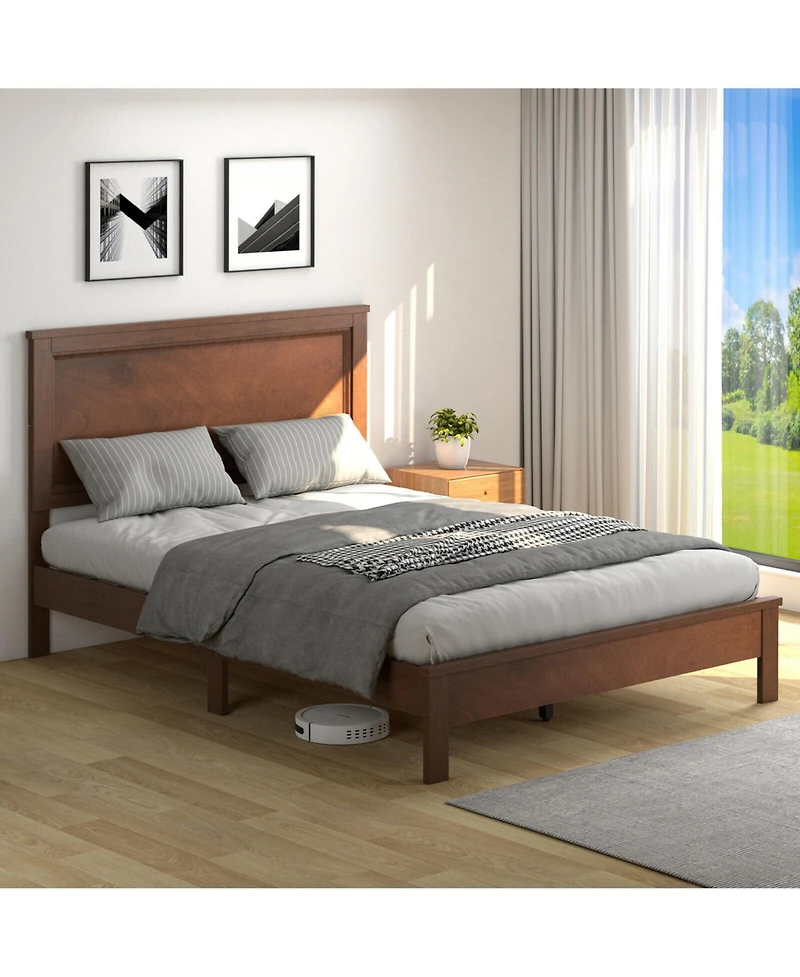 Gymax Bed Frame Platform Slat High Headboard Bedroom Rubber Wood Leg