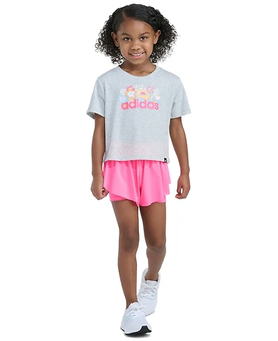 adidas Girls' 2T-6X Short-Sleeve Graphic Heather T-Shirt and Flowy Shorts, 2-Piece Set