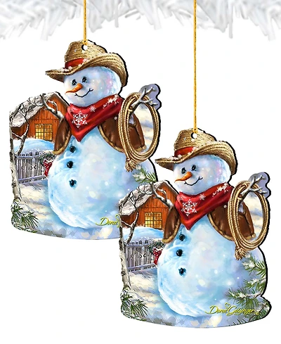 Designocracy 2 Piece Cowboy Snowman Wood Ornaments Set