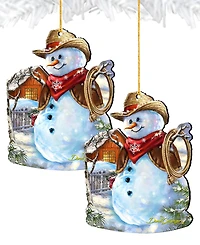 Designocracy 2 Piece Cowboy Snowman Wood Ornaments Set
