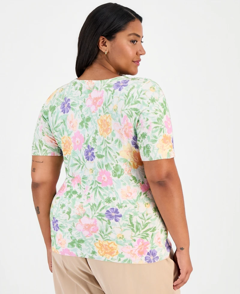 Tahari Asl Plus Printed Short-Sleeve Sweater