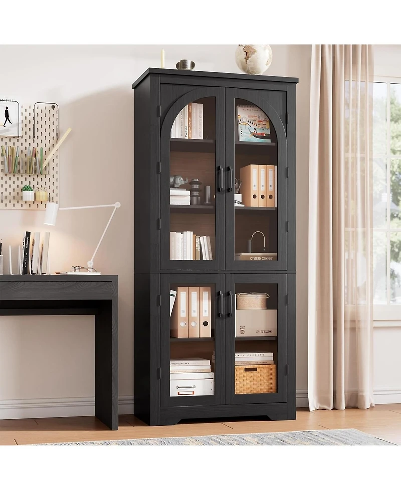 gaomon 70" Tall Kitchen Pantry Cabinet - Modern Display with 4 Arched Glass Doors and Adjustable Shelves, Versatile Cupboard Organizers