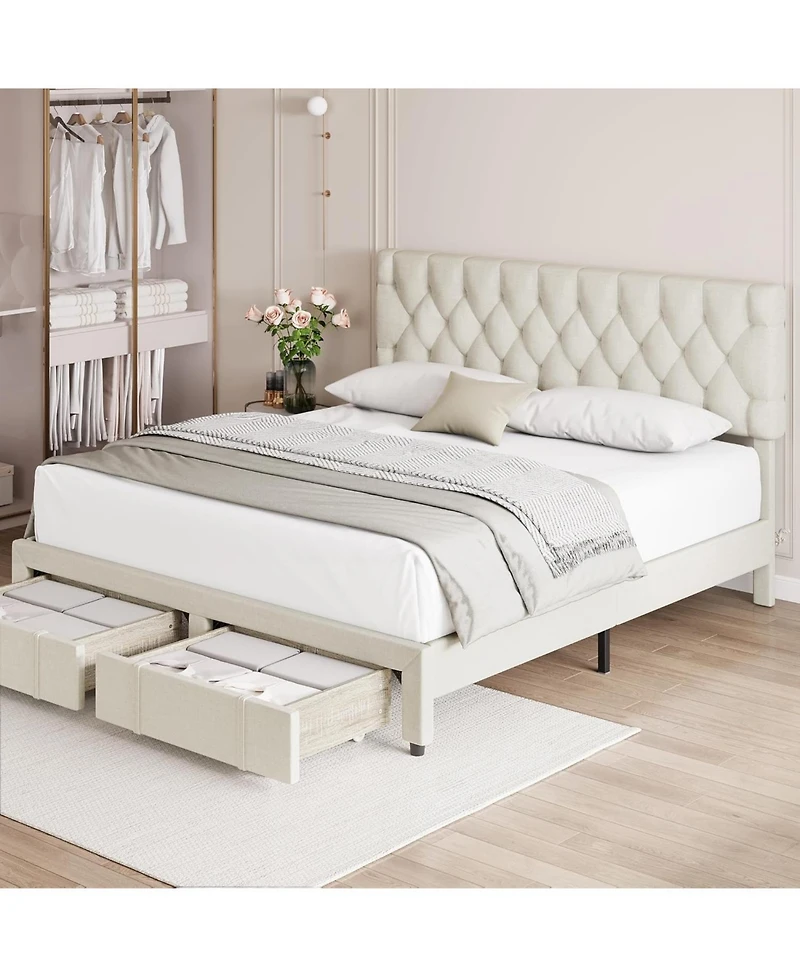 Gaomon Queen Upholstered Platform Bed Frame with Storage Drawers Solid Wood Slats No Box Spring Needed