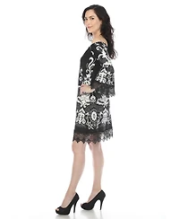 White Mark Women's Off-The-Shoulder Printed Bell-Sleeve Lace Hem Dress