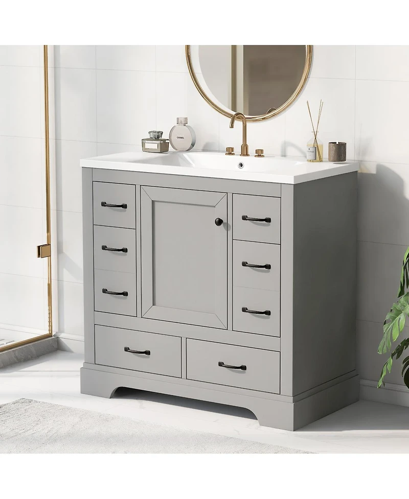Sillysis Bathroom Vanity with Sink, Solid Wood Cabinet, 6 Drawers & Adjustable Shelf for Modern Storage