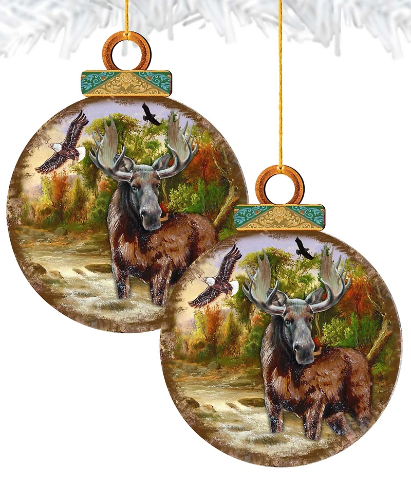 Designocracy Woodsy Moose Ball Wooden Ornaments, Set of 2