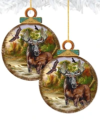 Designocracy Woodsy Moose Ball Wooden Ornaments, Set of 2