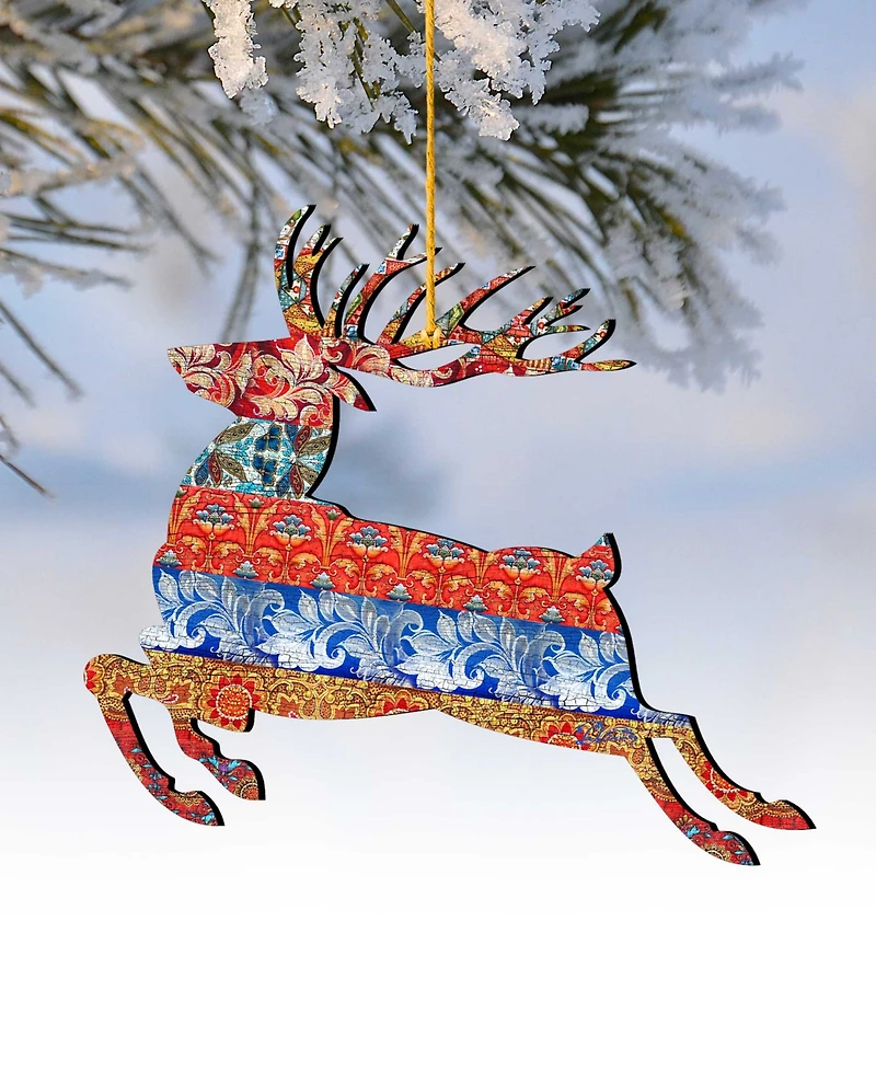 Designocracy Rustic Prancing Deer Wooden Christmas Ornament, Set of 2