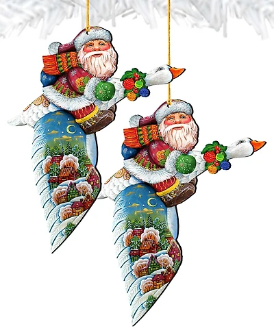Designocracy Goose Traveling Santa Wooden Christmas Ornament, Set of 2
