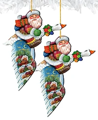 Designocracy Goose Traveling Santa Wooden Christmas Ornament, Set of 2