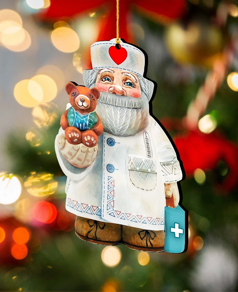Designocracy Teddy Bear Doctor Wooden Christmas Ornament, Set of 2