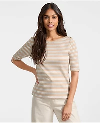 Lands' End Women's Supima Cotton Elbow Sleeve Boatneck Button Shoulder Tee