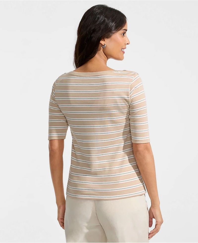 Lands' End Women's Supima Cotton Elbow Sleeve Boatneck Button Shoulder Tee