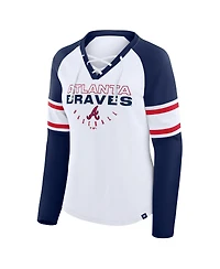 Fanatics Women's White/Navy Atlanta Braves Blitz Package Raglan Lace-Up V-Neck Long Sleeve T-Shirt