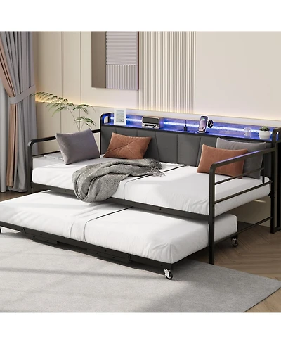gaomon twin daybed with pop-up trundle, linen upholstery, storage headboard charging ports, Led lights, and durable metal frame