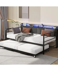 gaomon twin daybed with pop-up trundle, linen upholstery, storage headboard charging ports, Led lights, and durable metal frame
