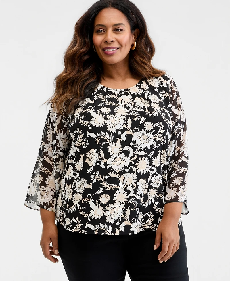 Jm Collection Plus Bold Floral Scroll Chiffon-Sleeve Gathered-Neck Top