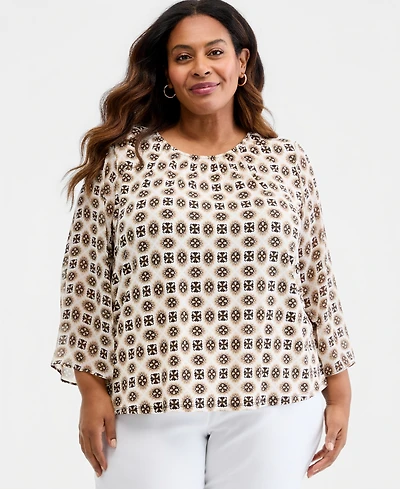 Jm Collection Plus Aria Tile Chiffon-Sleeve Gathered Neck Top, Macy's Exclusive