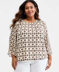 Jm Collection Plus Aria Tile Chiffon-Sleeve Gathered Neck Top, Macy's Exclusive