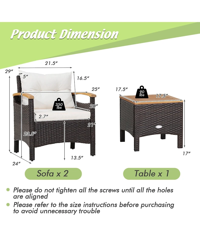 3PCS Patio Rattan Furniture Set Wooden Armrest Table Top Cushioned