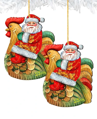 Designocracy Santa Rooster Wooden Christmas Ornament, Set of 2