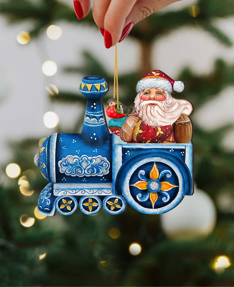 Designocracy Train Riding Santa Wooden Christmas Ornament Set of 2