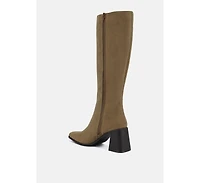 paytin faux leather block heel calf length boots