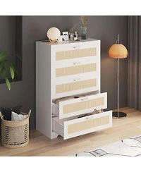 gaomon Rattan 6 Drawer Dresser Natural Wood Deep Storage Metal Handles for Bedroom and Living Room