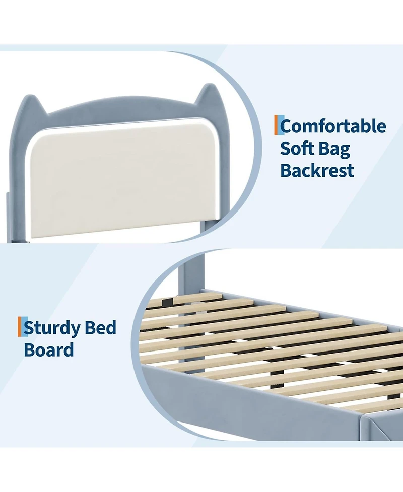 gaomon Bed Frame with Cat Headboard, Twin Platform Grb Led Lights, Storage Drawer & Strong Wood Slats Support