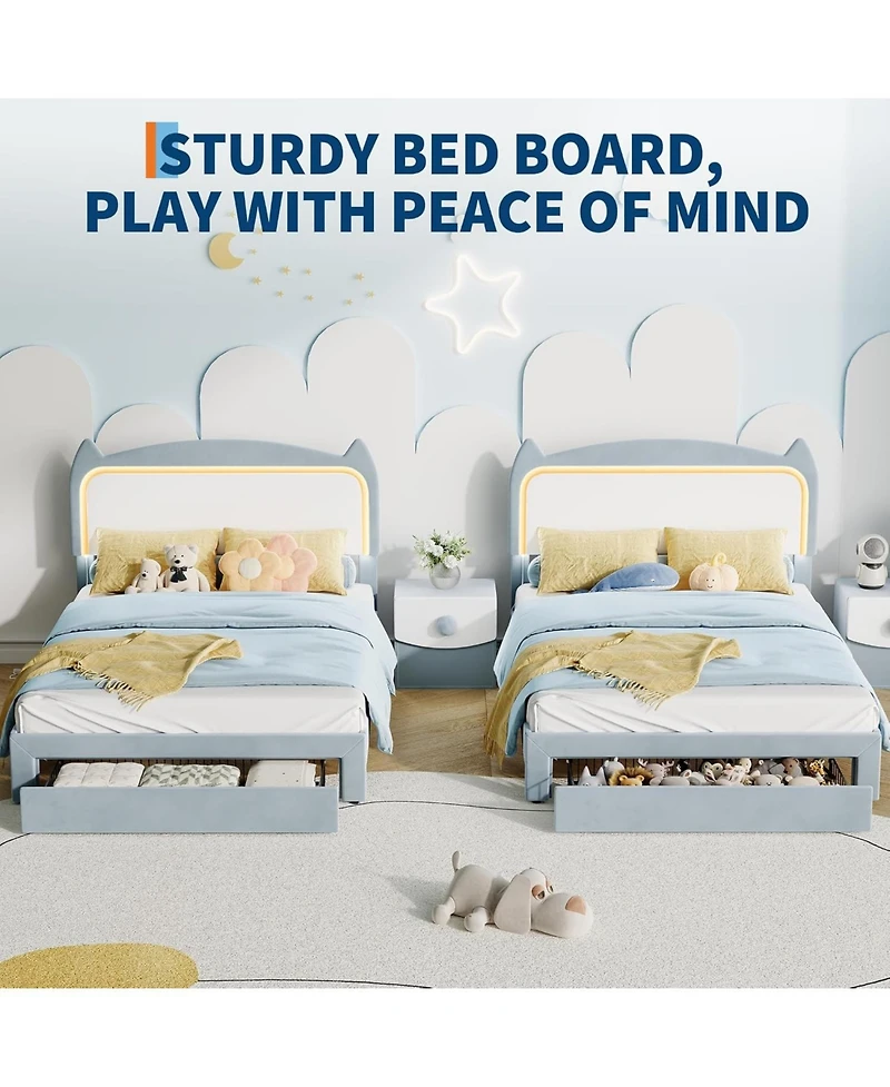 gaomon Bed Frame with Cat Headboard, Twin Platform Grb Led Lights, Storage Drawer & Strong Wood Slats Support