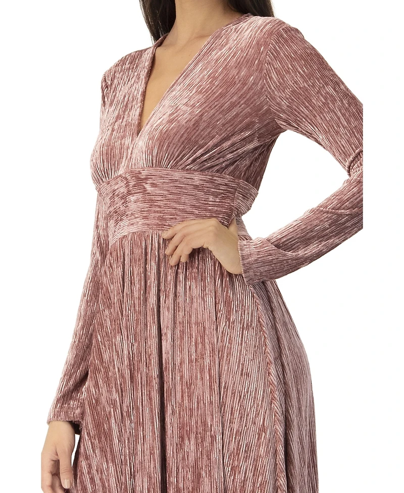 Ivonne Women's Long Velvet Pleated V-Neck Dress