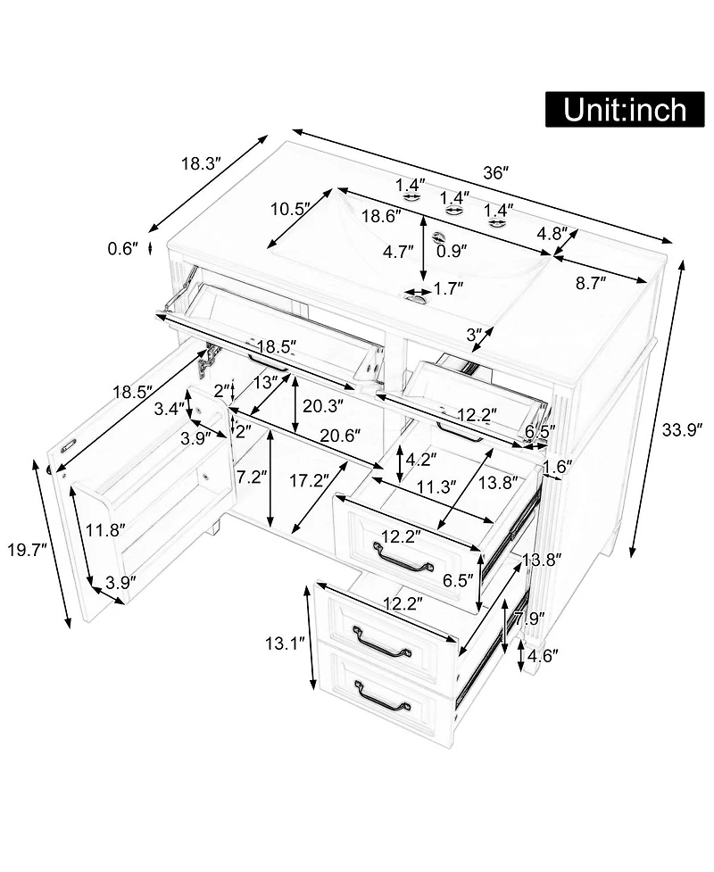 Sillysis Freestanding Bathroom Vanity with Ceramic Sink, Flip Drawers & Adjustable Shelf, Modern Storage Cabinet