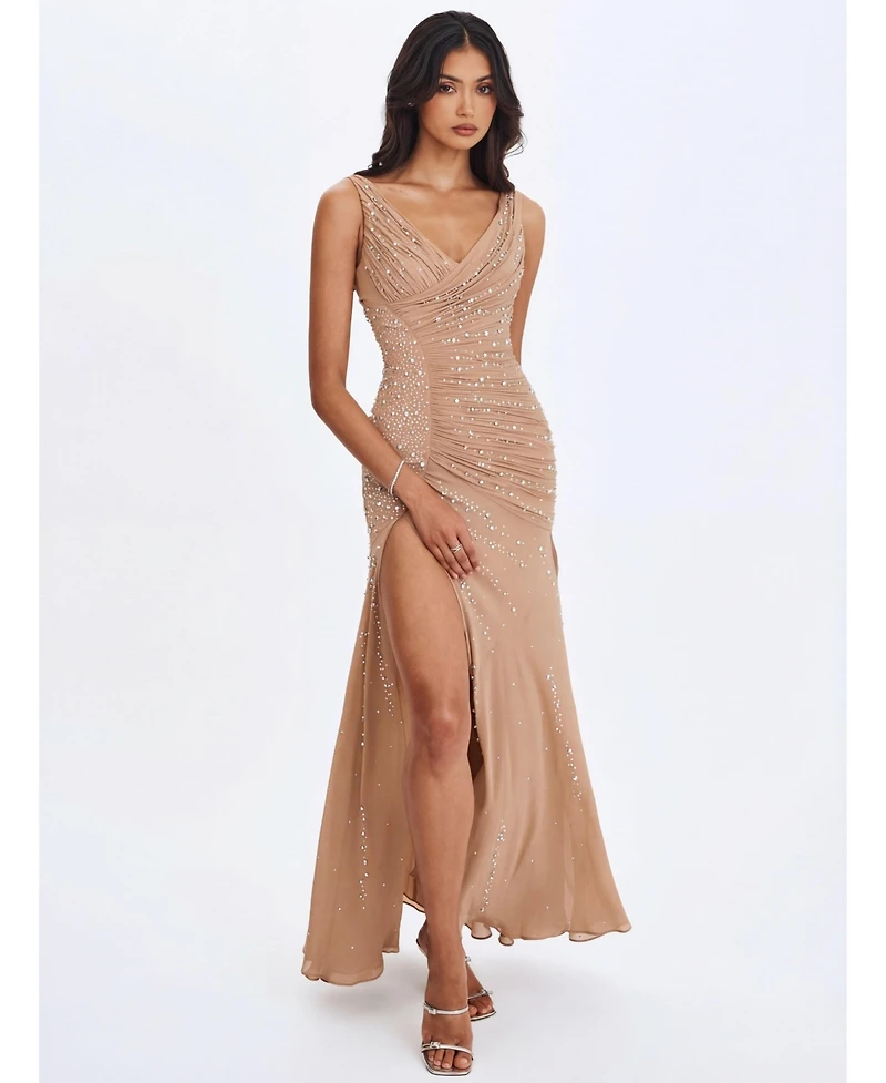 Miss Circle Women's Viveca Apricot Crystal-Embellished Asymmetrical Ruched Maxi Dress