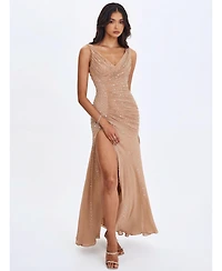 Miss Circle Women's Viveca Apricot Crystal-Embellished Asymmetrical Ruched Maxi Dress