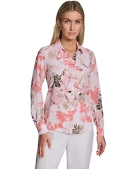 Calvin Klein Petite Floral-Print Long-Sleeve Blouse