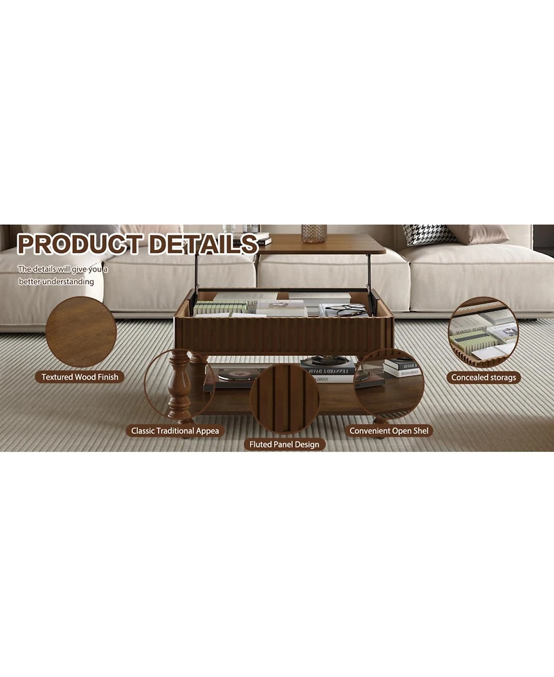 Streamdale Furniture Walnut Fluted Lift-Top Coffee Table with Storage