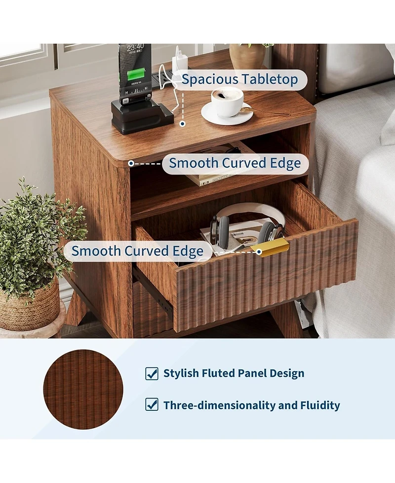 gaomon Modern Fluted Wood Nightstand with 2 Drawers, Open Shelf and Charging Station