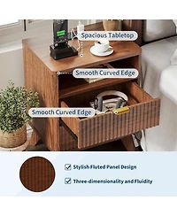gaomon Modern Fluted Wood Nightstand with 2 Drawers, Open Shelf and Charging Station