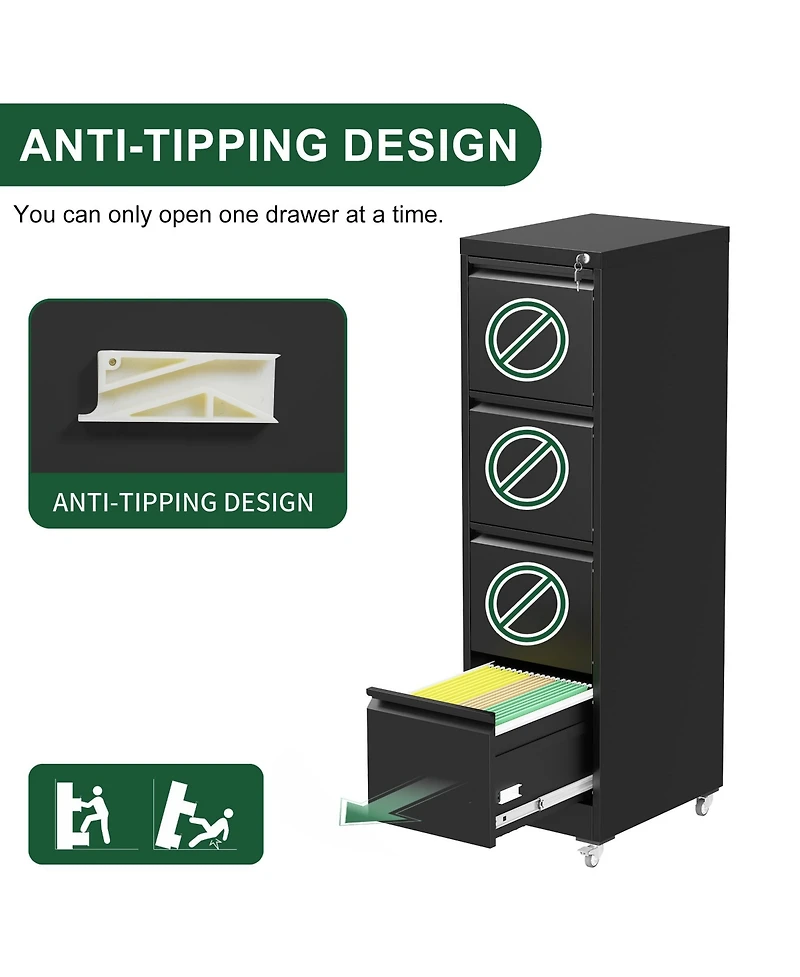 Rainsken 4 Drawer Locking Vertical File Cabinet on Wheels