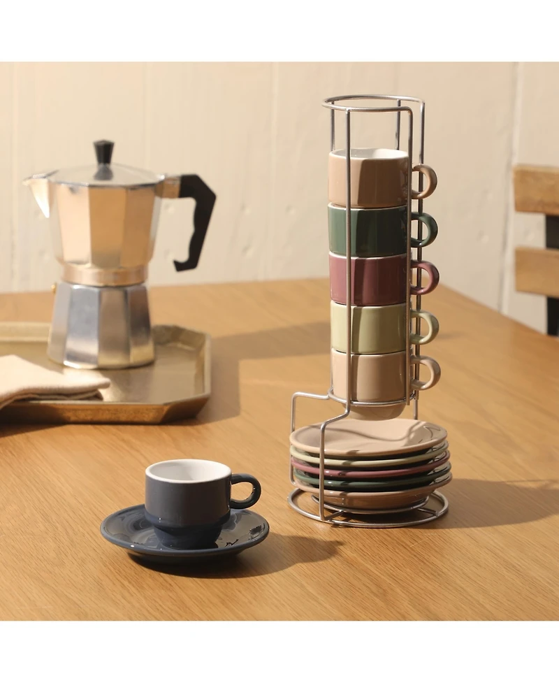 Gibson Elite Sensations 13 Piece Espresso Cup Set with Metal Rack, Stoneware Espresso Cups & Saucers, Stackable Coffee Set, Cafe Style