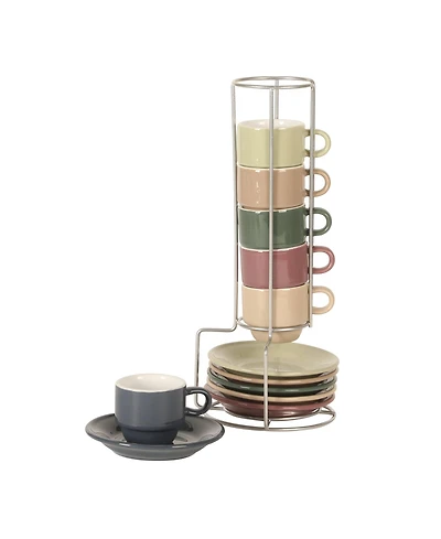 Gibson Elite Sensations 13 Piece Espresso Cup Set with Metal Rack, Stoneware Espresso Cups & Saucers, Stackable Coffee Set, Cafe Style