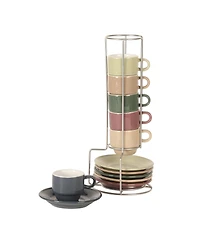 Gibson Elite Sensations 13 Piece Espresso Cup Set with Metal Rack, Stoneware Espresso Cups & Saucers, Stackable Coffee Set, Cafe Style