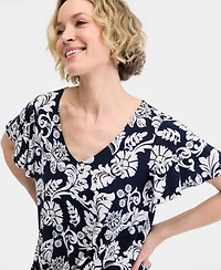 Jm Collection Women's Printed Short Sleeve V-Neck Twist-Front Top, , Macy's Exclusive