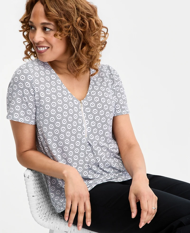 Jm Collection Women's Printed Front Zipper V-Neck Top, Macy's Exclusive