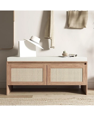 Rainsken Rattan Entryway Bench, Wooden Bench with Storage and Cushion Seating for Bedroom, Hallway
