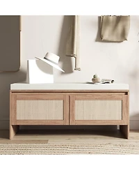 Rainsken Rattan Entryway Bench, Wooden Bench with Storage and Cushion Seating for Bedroom, Hallway