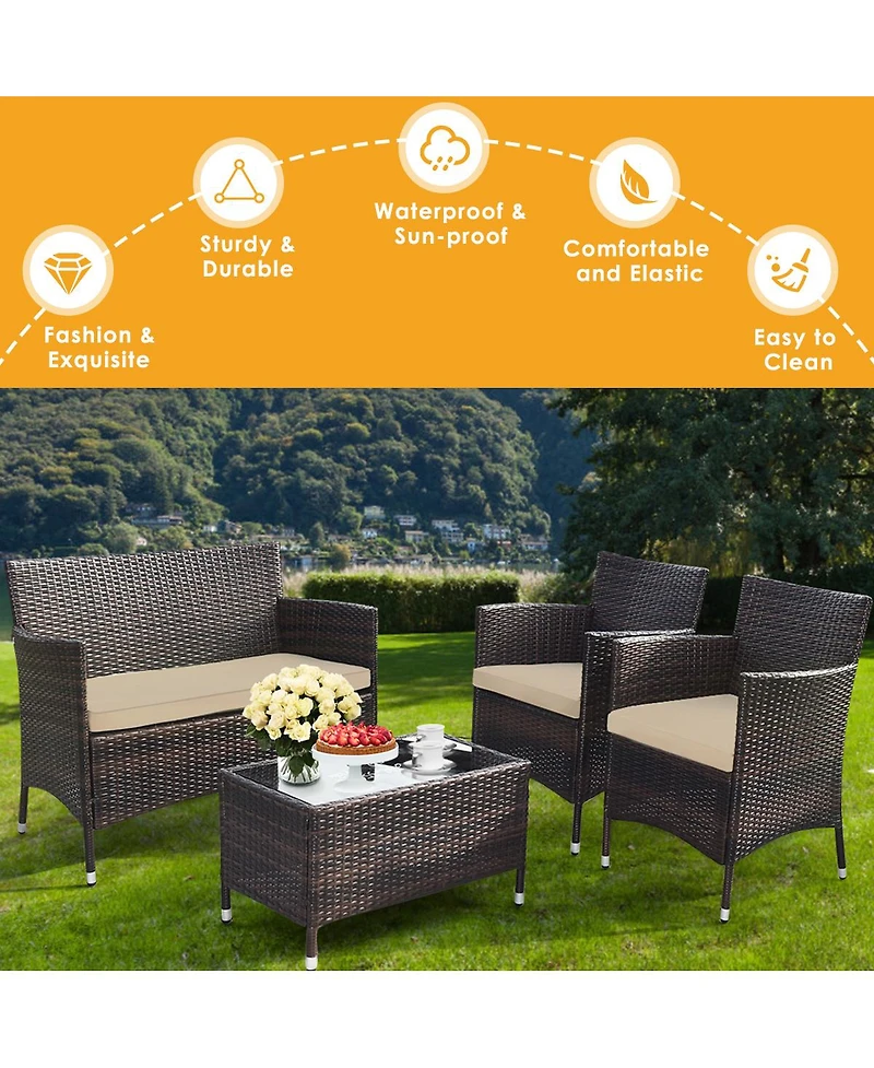 Gymax 4PCS Patio Rattan Conversation Furniture Set Outdoor w/ Cushion
