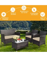 Gymax 4PCS Patio Rattan Conversation Furniture Set Outdoor w/ Cushion