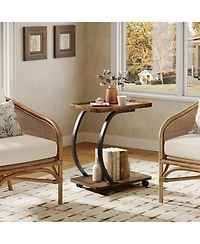 Tribesigns C-Shaped End Table Set of 2, Industrial 2-Tier Small Side Table with Wheels, Wood Bedside Snack Couch Table with Metal Frame, Rustic Brown